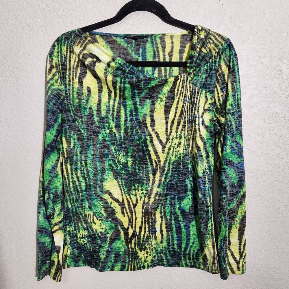 Chaus Shirt Womens Medium Green Yellow Zebra Print Long Sleeve Pullover Top